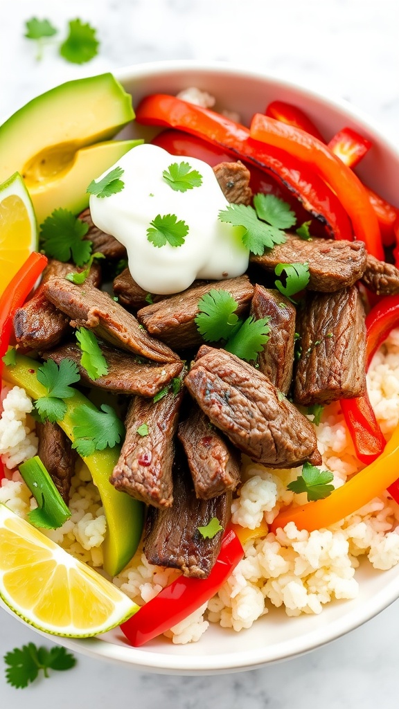 Spicy Steak Fajita Bowl Recipe A flavorful steak fajita bowl with rice, steak, peppers, avocado, sour cream, and lime.